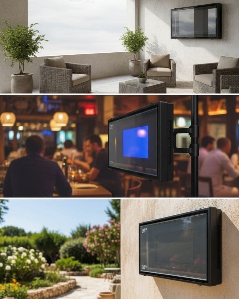 28-32 inch outdoor TV enclosure installed on modern balcony patio, waterproof and weatherproof design by Outvion