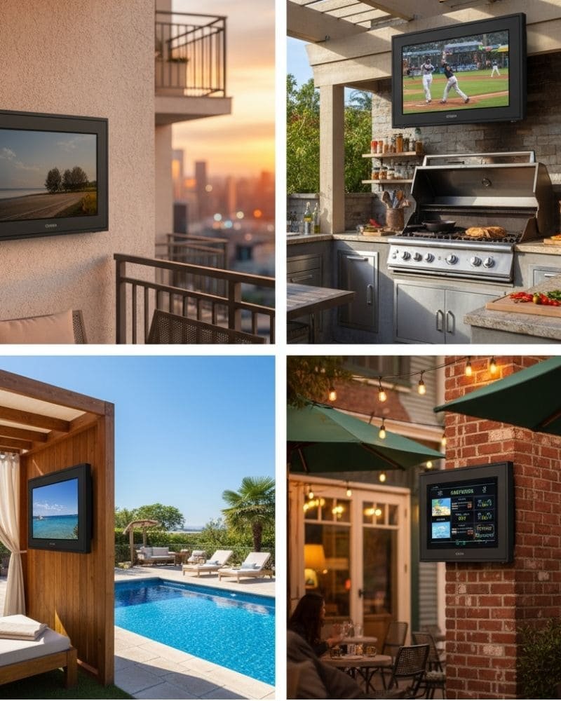 28-32 inch outdoor TV enclosure used in outdoor kitchen and pool area, waterproof TV protection cabinet
