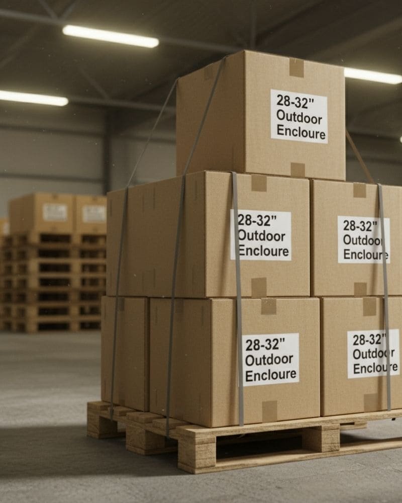 Cartons of 28-32 inch outdoor TV enclosures packed on pallets ready for shipment from Outvion warehouse