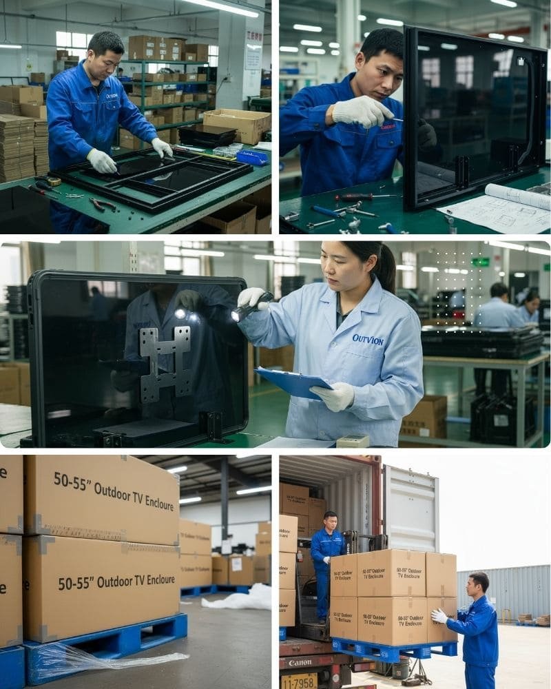 Outdoor TV enclosure manufacturing process by Outvion, including assembly, inspection, and export packaging for waterproof TV boxes