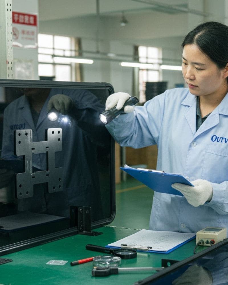 Outvion factory worker inspecting 28-32 inch outdoor TV enclosure for quality assurance