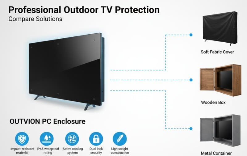 Outvion outdoor TV enclosure comparison with soft fabric cover, wooden box, and metal container for waterproof protection