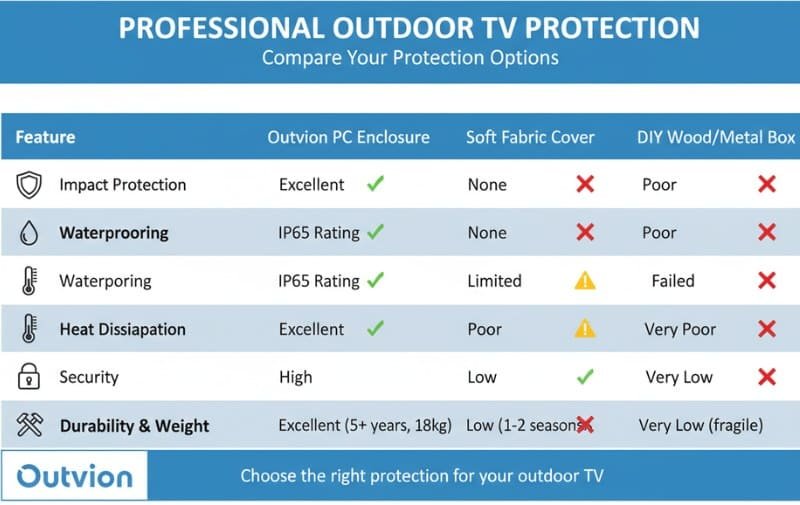Outvion outdoor TV enclosure vs fabric and wooden covers comparison chart showing IP65 waterproof and impact protection advantages