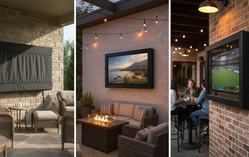 40-43 inch outdoor TV enclosure installed in patio, backyard, and restaurant terrace for weatherproof entertainment