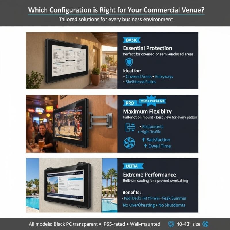 40-43 inch outdoor TV enclosure models for restaurants, patios and pool areas, IP65 waterproof protection