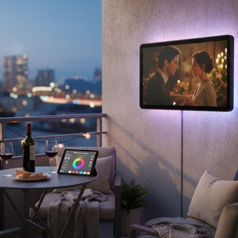 40-43 inch outdoor TV enclosure mounted on balcony for home entertainment, weatherproof TV protection