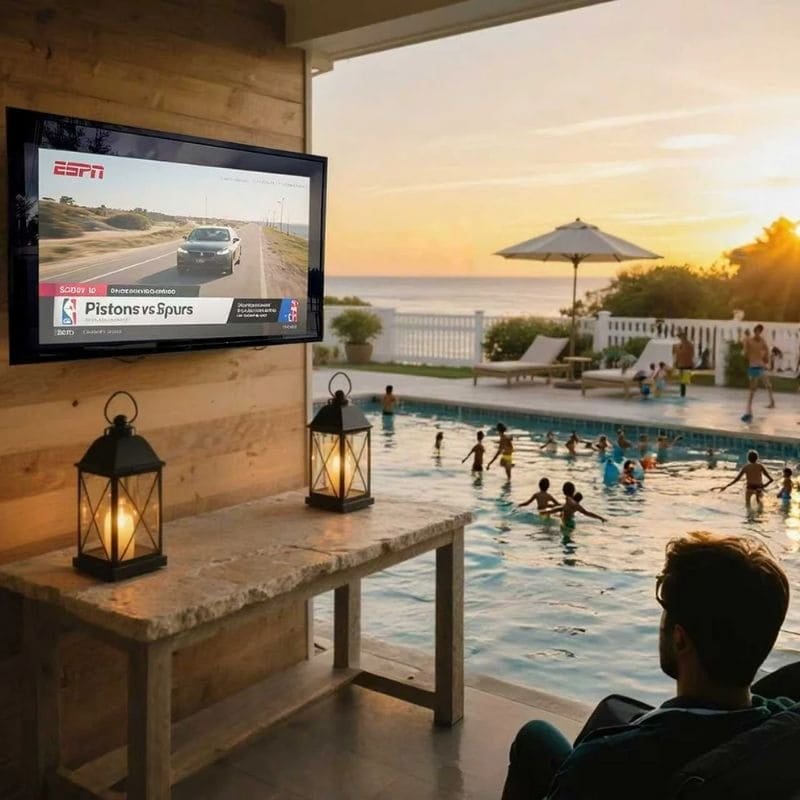 40-43 inch outdoor TV enclosure used in poolside entertainment area, waterproof TV cabinet for resorts