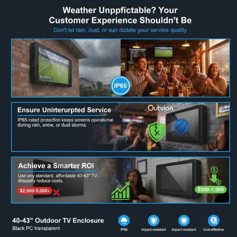 40-43 inch outdoor TV enclosure with IP65 waterproof protection for restaurants and commercial venues by Outvion