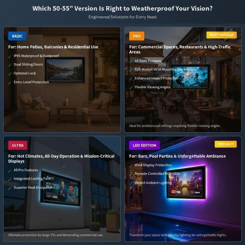 50-55 inch enclosure for outdoor TV, available in basic, pro, ultra and LED models