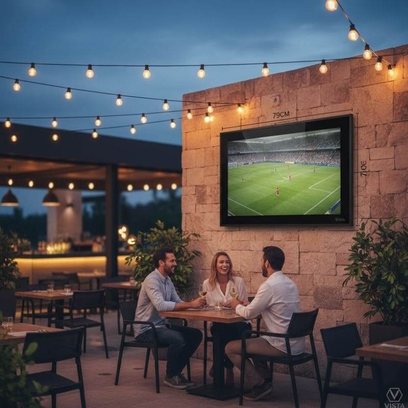 50-55 inch enclosure for outdoor TV mounted on rooftop restaurant wall, perfect for dining terraces and bars in Europe and the United States