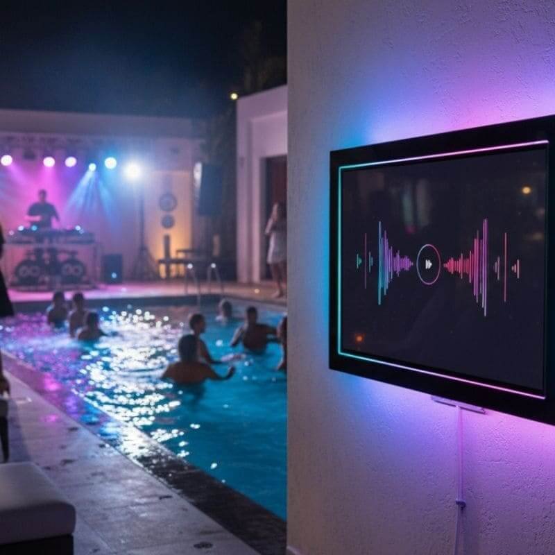 50-55 inch outdoor TV enclosure LED edition at tropical pool party, waterproof entertainment display for resorts and beach clubs in Southeast Asia and Florida