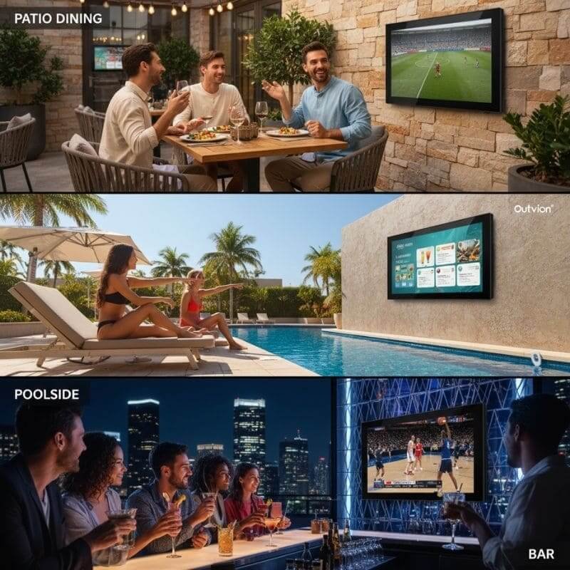50-55 inch outdoor TV enclosure installed in restaurant patio, poolside lounge and rooftop bar