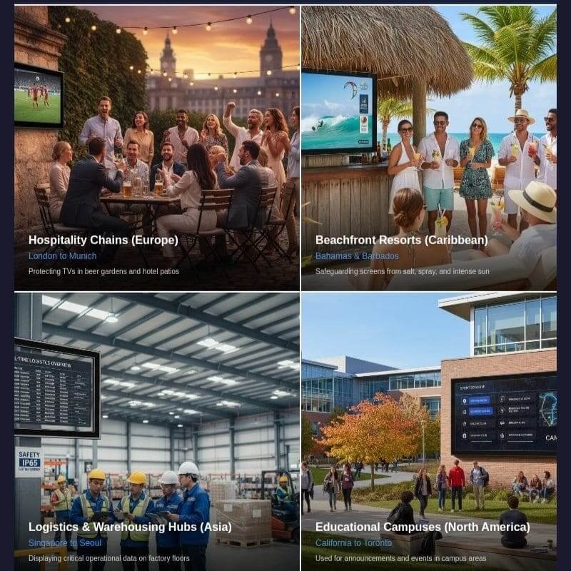 50-55 inch outdoor TV enclosure solutions used in European hospitality chains, Caribbean beachfront resorts, Asian logistics hubs and North American campuses