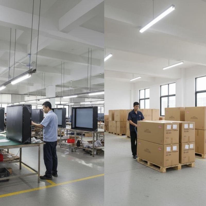 60-65 palcová továrenská výroba a balenie vonkajšieho televízneho krytu, kontrola kvality a príprava zásielky