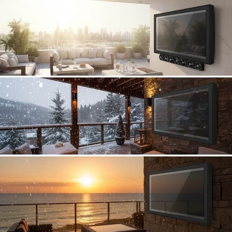 60-65 palcový vonkajší TV box inštalovaný v rôznych klimatických podmienkach, od slnečnej terasy po zasnežené hory a prímorské letovisko