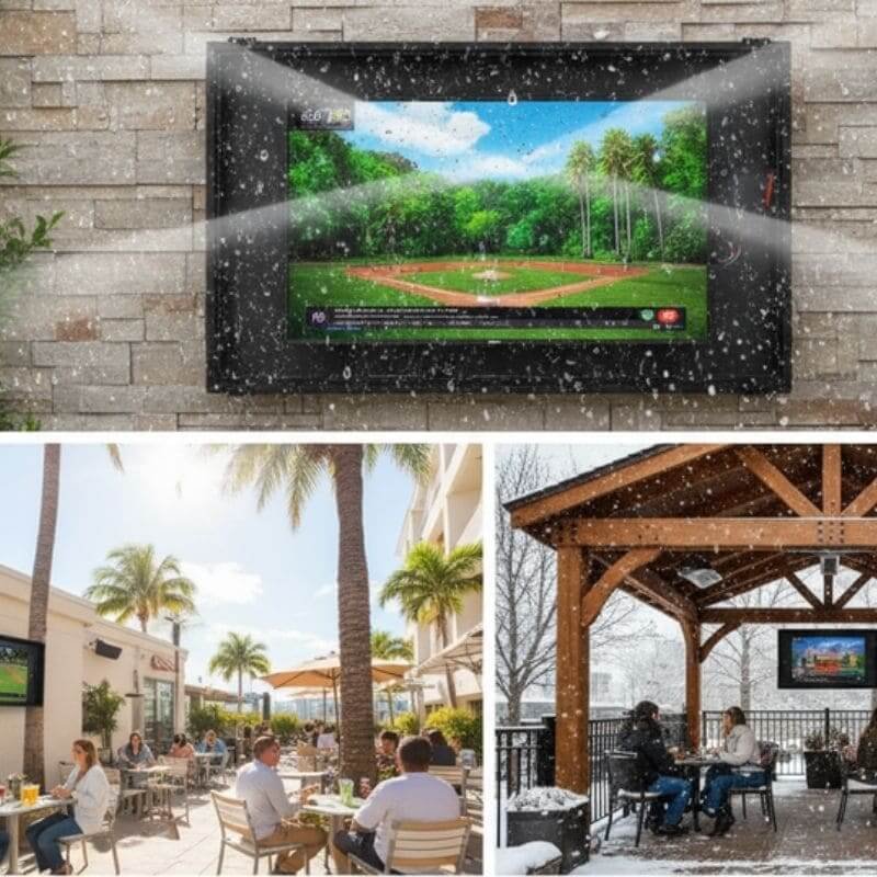 60-65 palcový TV box odolný voči poveternostným vplyvom na vonkajšiu terasu, vodotesný displej a displej do každého počasia používaný v kaviarňach od tropického po zasnežené podnebie