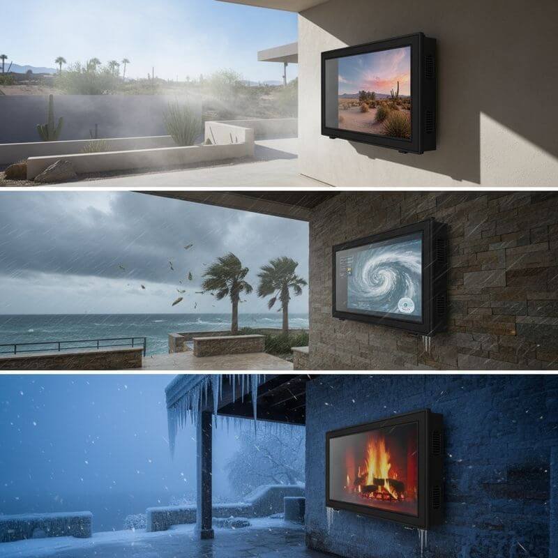 60-65 palcový TV box odolný voči poveternostným vplyvom, ktorý funguje v púštnych horúčavách, silnom daždi, vetre a snehu