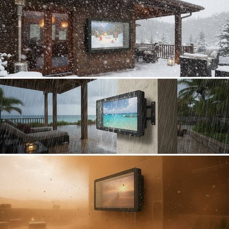 60-65-palcový TV kryt odolný voči poveternostným vplyvom v hustom snežení, tropickom daždi a piesočnej búrke