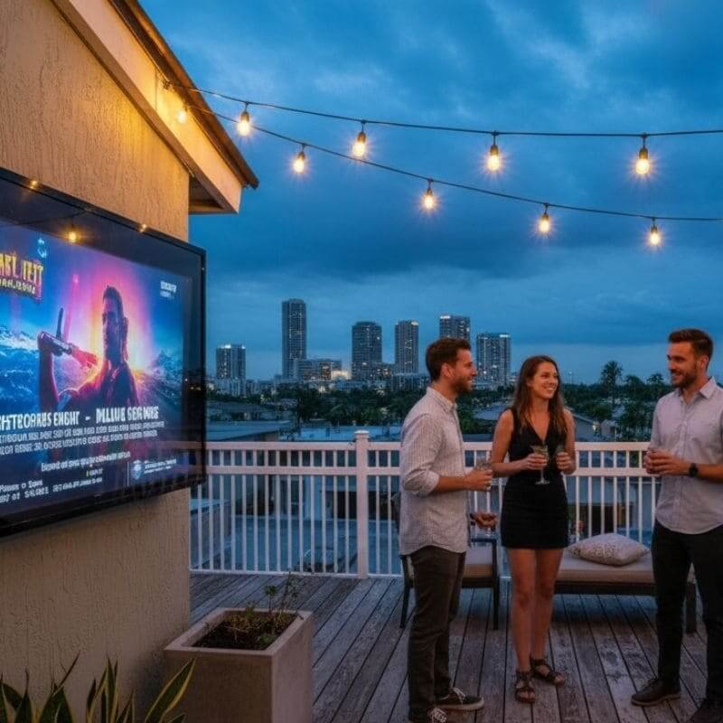 60-65 palcový TV kryt odolný voči poveternostným vplyvom na strešnej terase