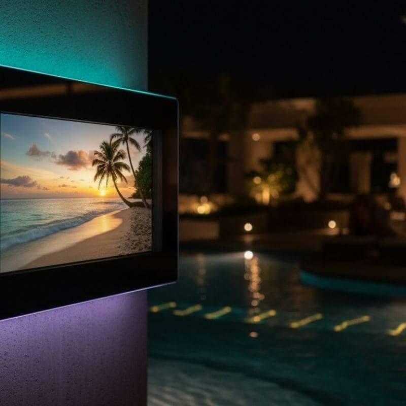 60-65-palcový TV kryt odolný voči poveternostným vplyvom s LED podsvietením pri bazéne, vodotesný kryt pre luxusné rezorty a hotely v tropických oblastiach