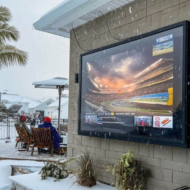 70-75 inch outdoor TV case in snow, waterproof housing for mountain resorts and ski chalets