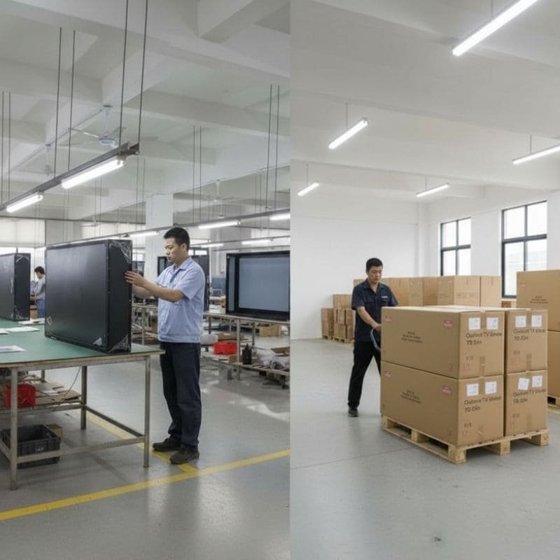 70-75 inch outdoor TV enclosure being assembled and packed in factory, waterproof case ready for shipment