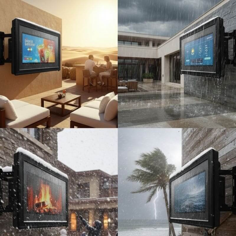 70-75 inch outdoor TV enclosure protecting display in desert resort, heat-resistant and waterproof design for hot climates