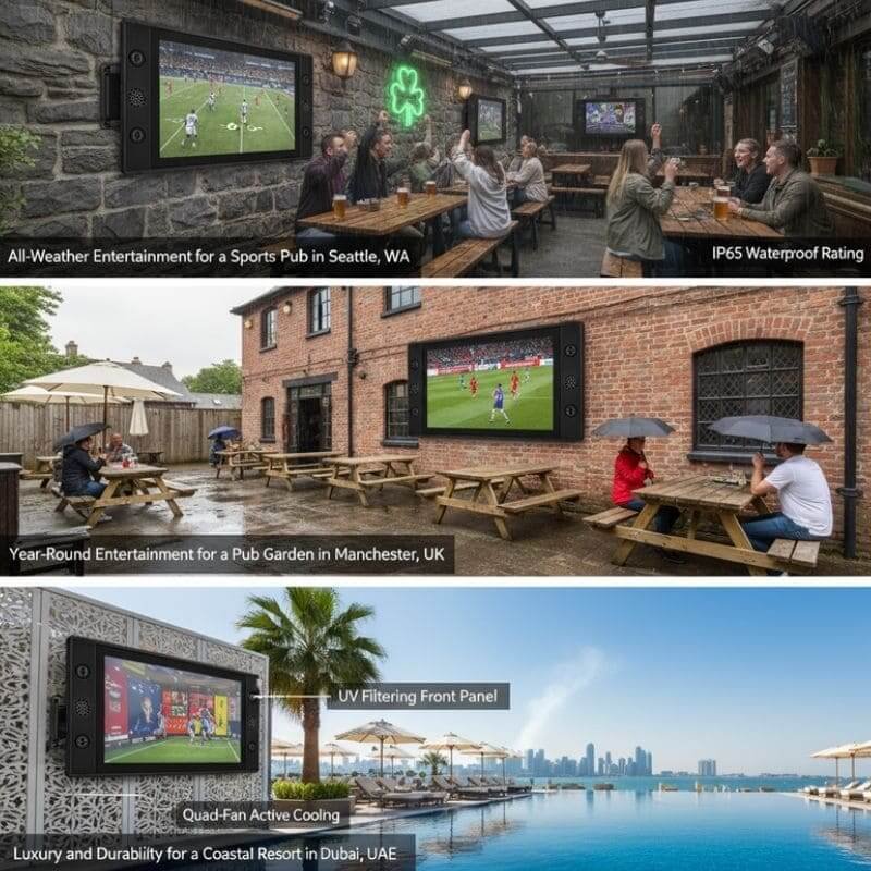 70-75 inch outdoor TV enclosure used in sports bars and resorts, waterproof display for Seattle, Manchester and Dubai climates