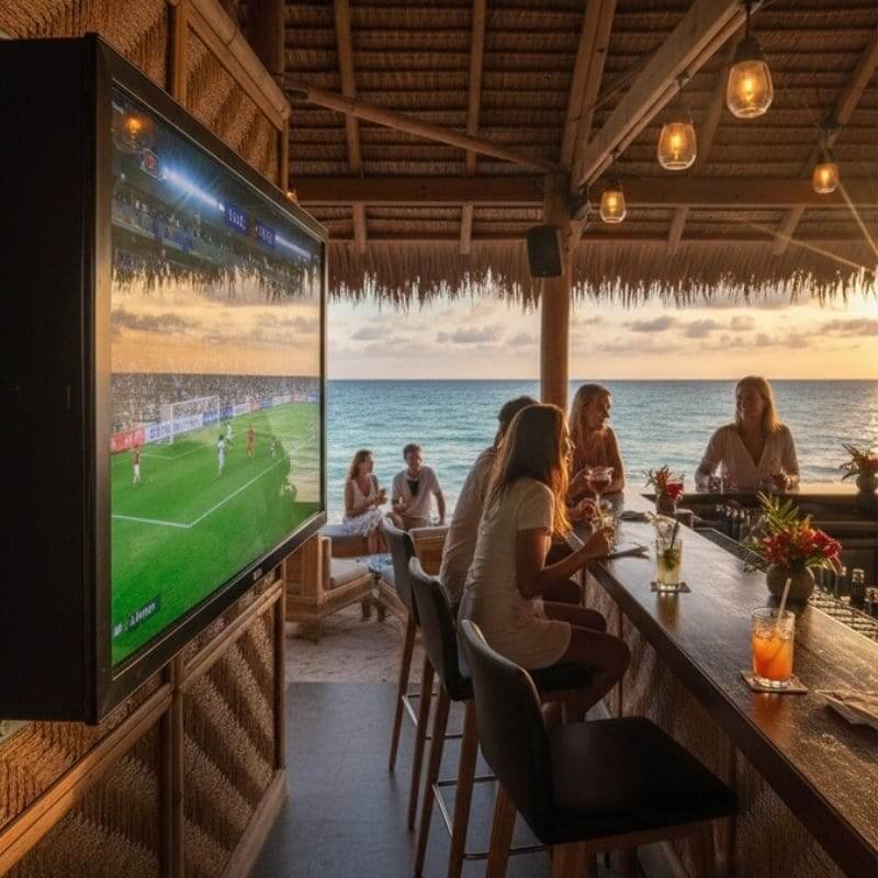 70-75 inch waterproof TV case at beachfront bar, perfect for outdoor entertainment in tropical resorts