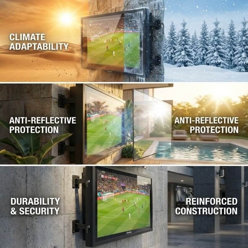 80-85 inch outdoor TV enclosure demonstrating climate adaptability from desert heat to winter snow