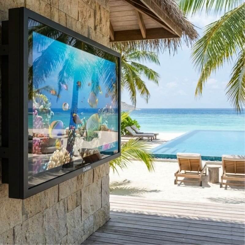 80-85 Inch outdoor TV enclosure installed at tropical beach resort, perfect for poolside entertainment