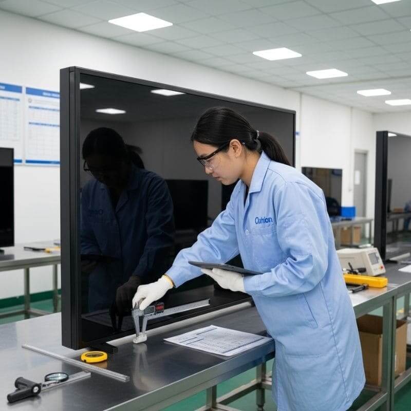 Outvion 50-55 inch outdoor TV enclosure factory inspection and assembly line in China, precision quality testing before export