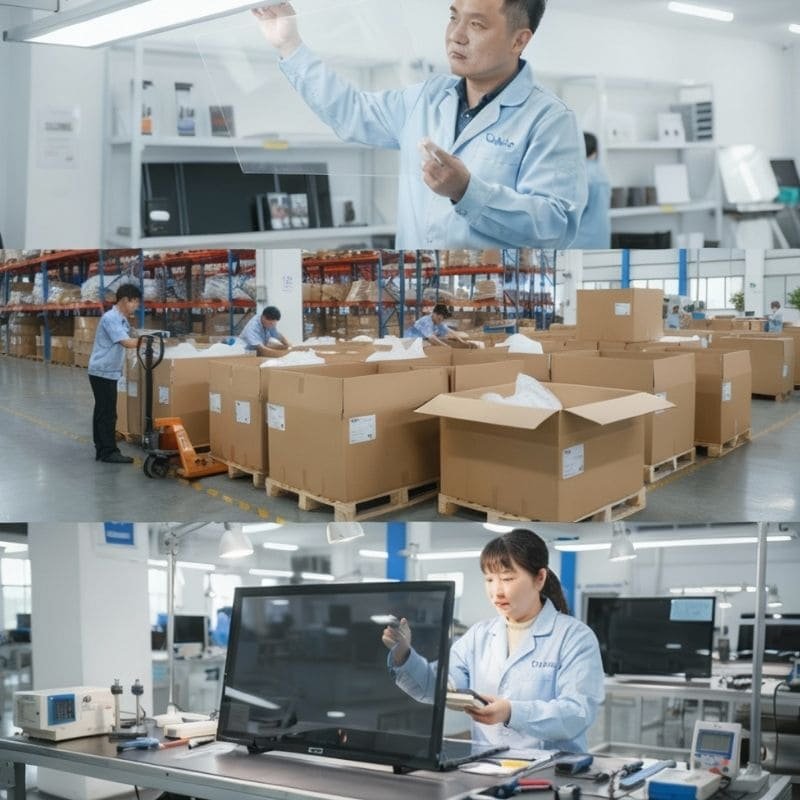 Outvion factory manufacturing and packaging 40-43 inch outdoor TV enclosures for global shipment