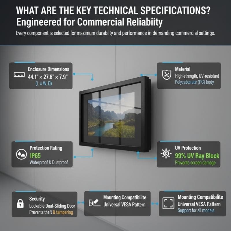 Technical specifications of 40-43 inch outdoor TV enclosure showing IP65 waterproof and UV protection features