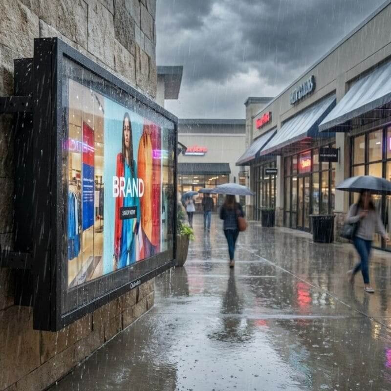 Durable waterproof TV enclosure installed in shopping street, ideal for outdoor advertising in the rain