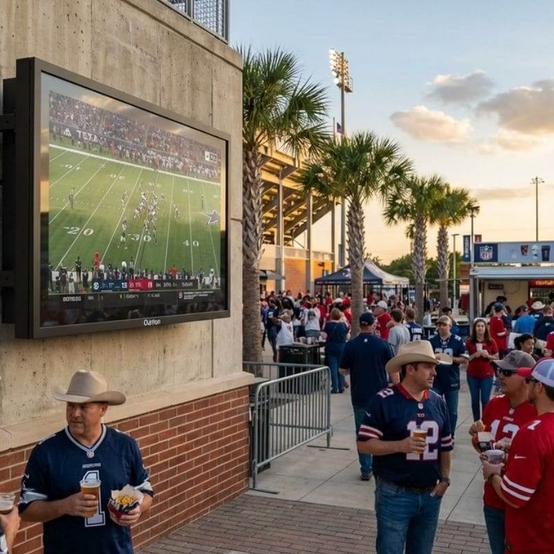Large weatherproof TV cabinet installed at sports stadium for public outdoor viewing