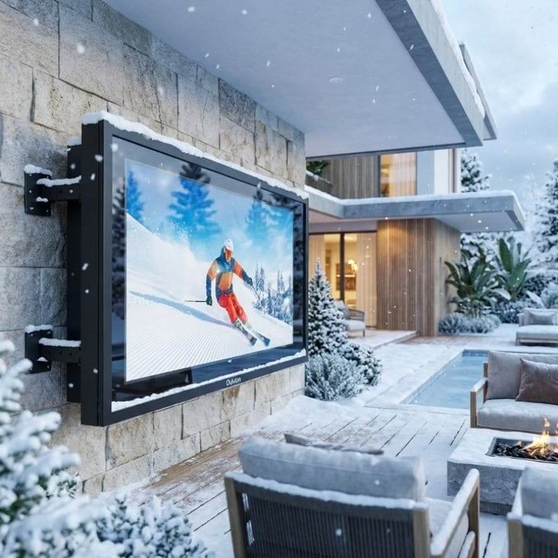 Outdoor TV cabinet operating in snowy conditions, providing bright and clear image by the pool