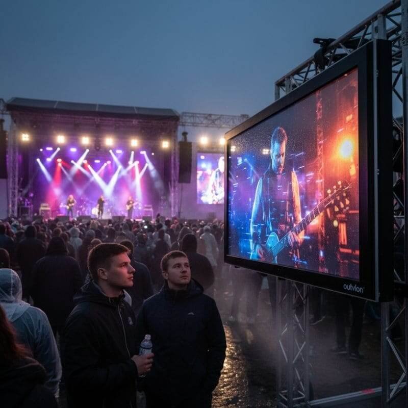 weatherproof TV case displaying live concert at outdoor event, durable screen enclosure for rainy conditions
