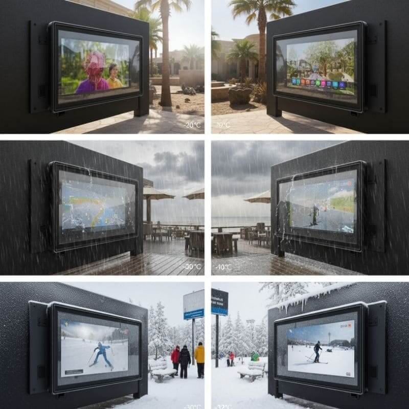 weatherproof TV case performing under heavy rain, durable outdoor display for modern villas and hotels