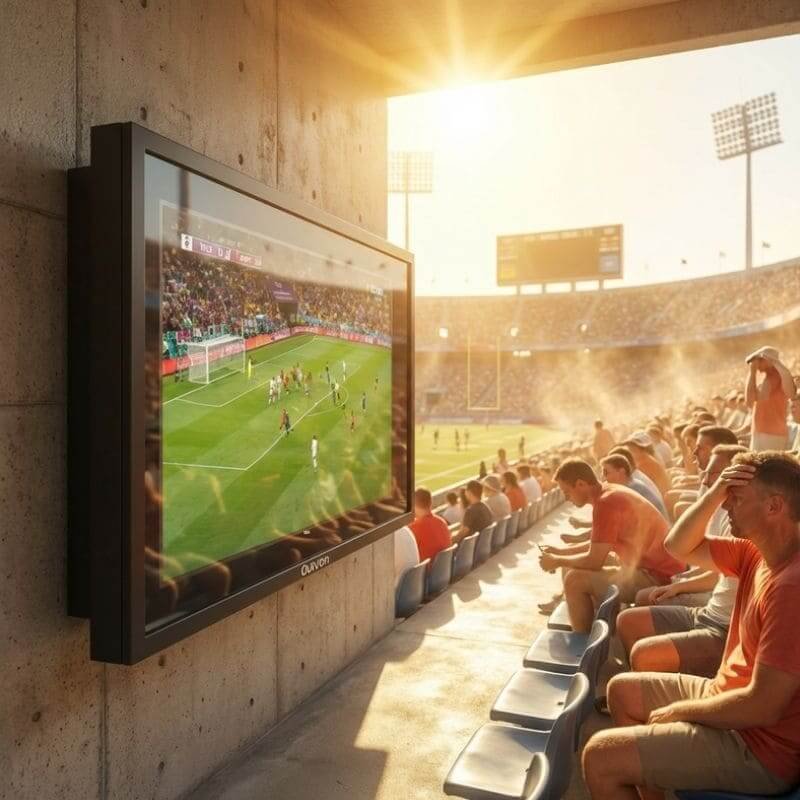 Weatherproof TV case used in stadium stands, ensuring visibility under strong sunlight