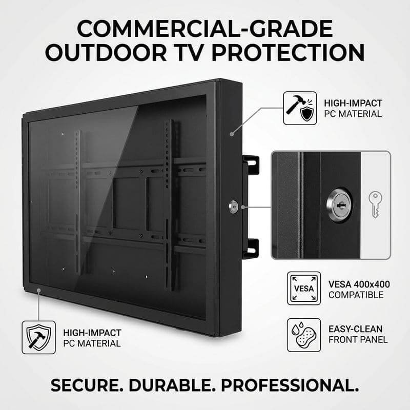 Commercial outdoor TV enclosure with lock and impact-resistant panel