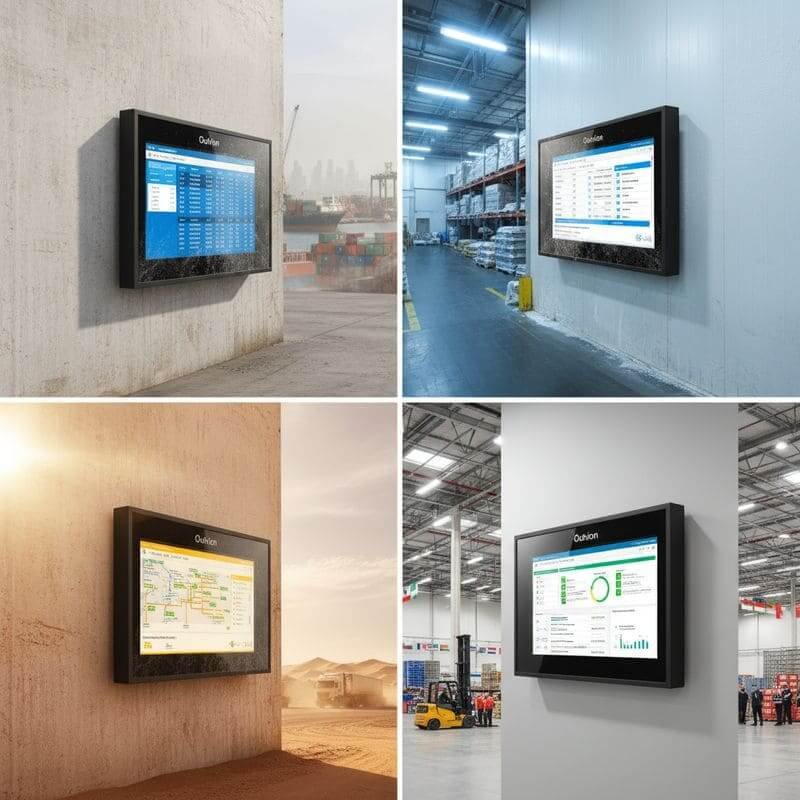 Dustproof TV Box protecting industrial dashboard screens in high-traffic warehouse floor