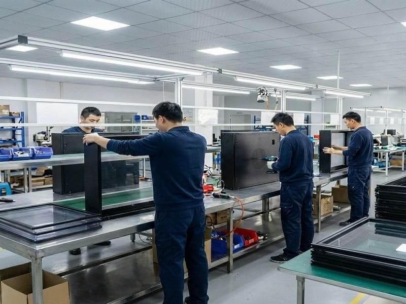 Outdoor TV enclosure assembly line with technicians building weatherproof TV cabinets
