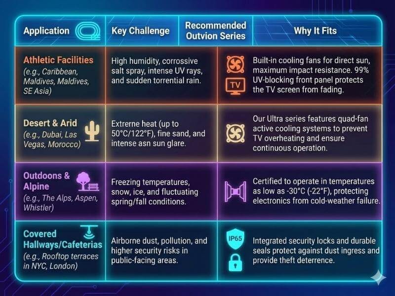 Outdoor TV enclosure climate application chart for heat, rain, snow, and public spaces