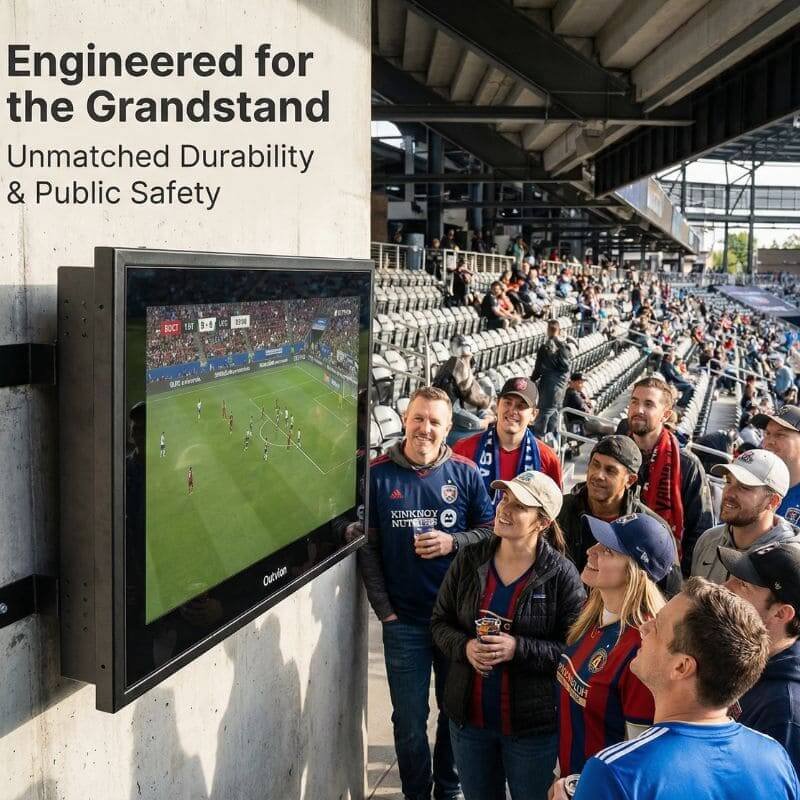 Outdoor TV enclosure designed for large stadium public viewing zones