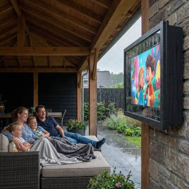 Outdoor TV enclosure for rainy covered patios