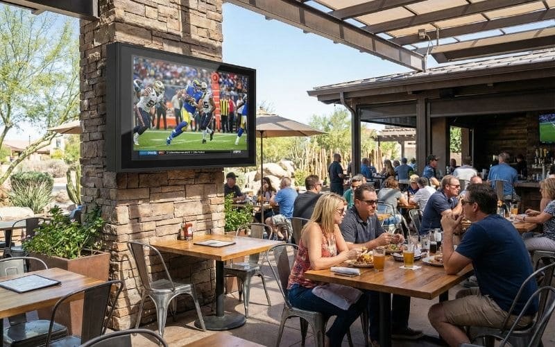 Outdoor TV enclosure installed at a restaurant patio, weatherproof TV cabinet for commercial outdoor entertainment