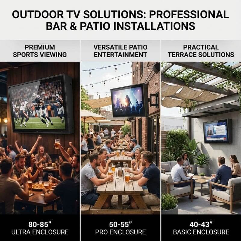 80–85, 50–55 және 40–43 дюймдік дисплейлерге арналған сыртқы теледидар корпусының опциялары