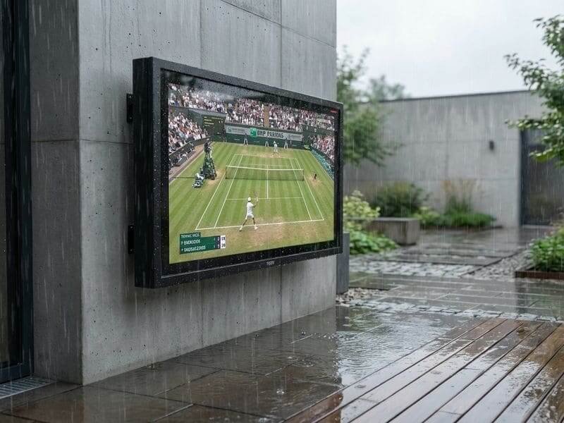 Outdoor TV enclosure performing reliably in heavy rain, showcasing weatherproof protection for backyard patios and modern concrete homes