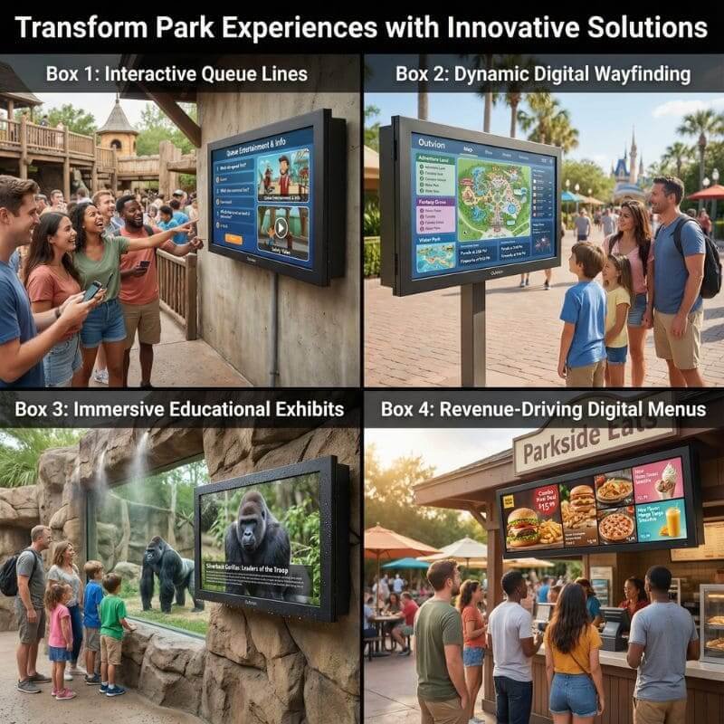 Outdoor TV enclosures for queue lines, wayfinding, exhibits, and menus